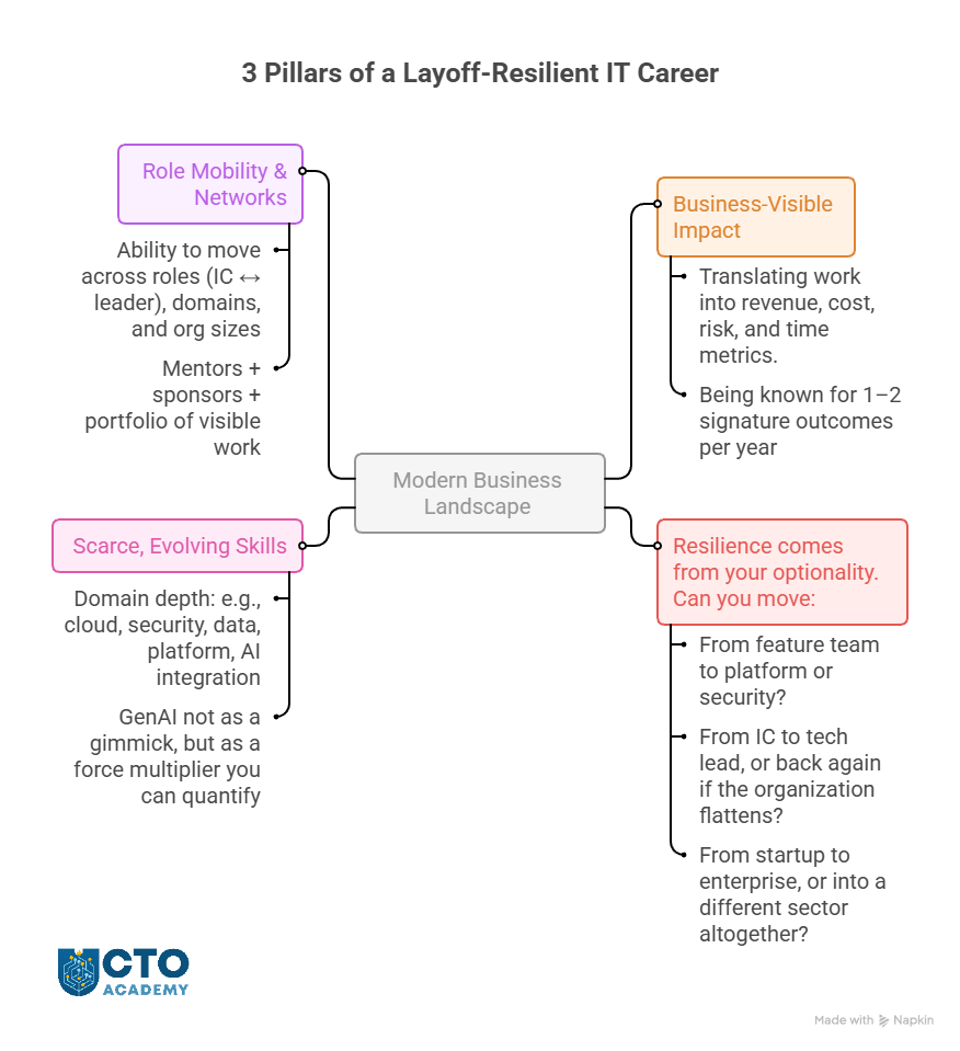 3 Pillars of a Layoff-Resilient IT Career Path - visual mindmap of pillars with explanations