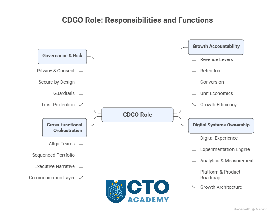 Universal Responsibilities of a CDGO Role - visual presentation of four main categories with outcome ownership areas