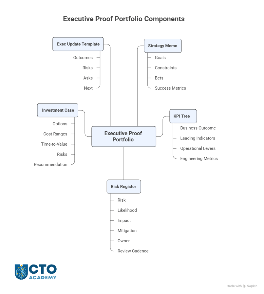 Executive Proof Portfolio Components - visual mindmap of 5 main components with artifacts